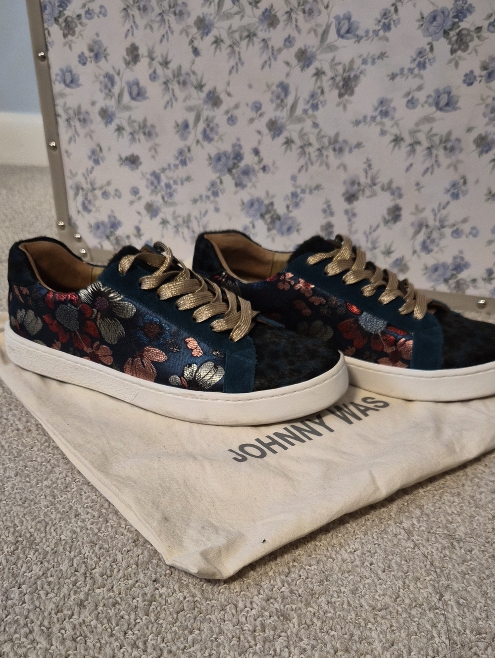 Johnny Was Teal Floral Brocade Low-Top Sneakers